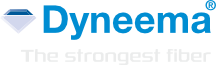 Logo von Dyneema mit einem blauen Rautensymbol. Der Text lautet in fetten blauen Buchstaben „Dyneema“ und darunter in hellgrauem Text „Die stärkste Faser“.
