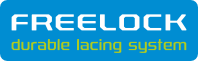 Logo mit dem Text „FREELOCK“ in weißen, fetten Versalien auf blauem Grund. Darunter steht in gelbgrünen Lettern „langlebiges Schnürsystem“.