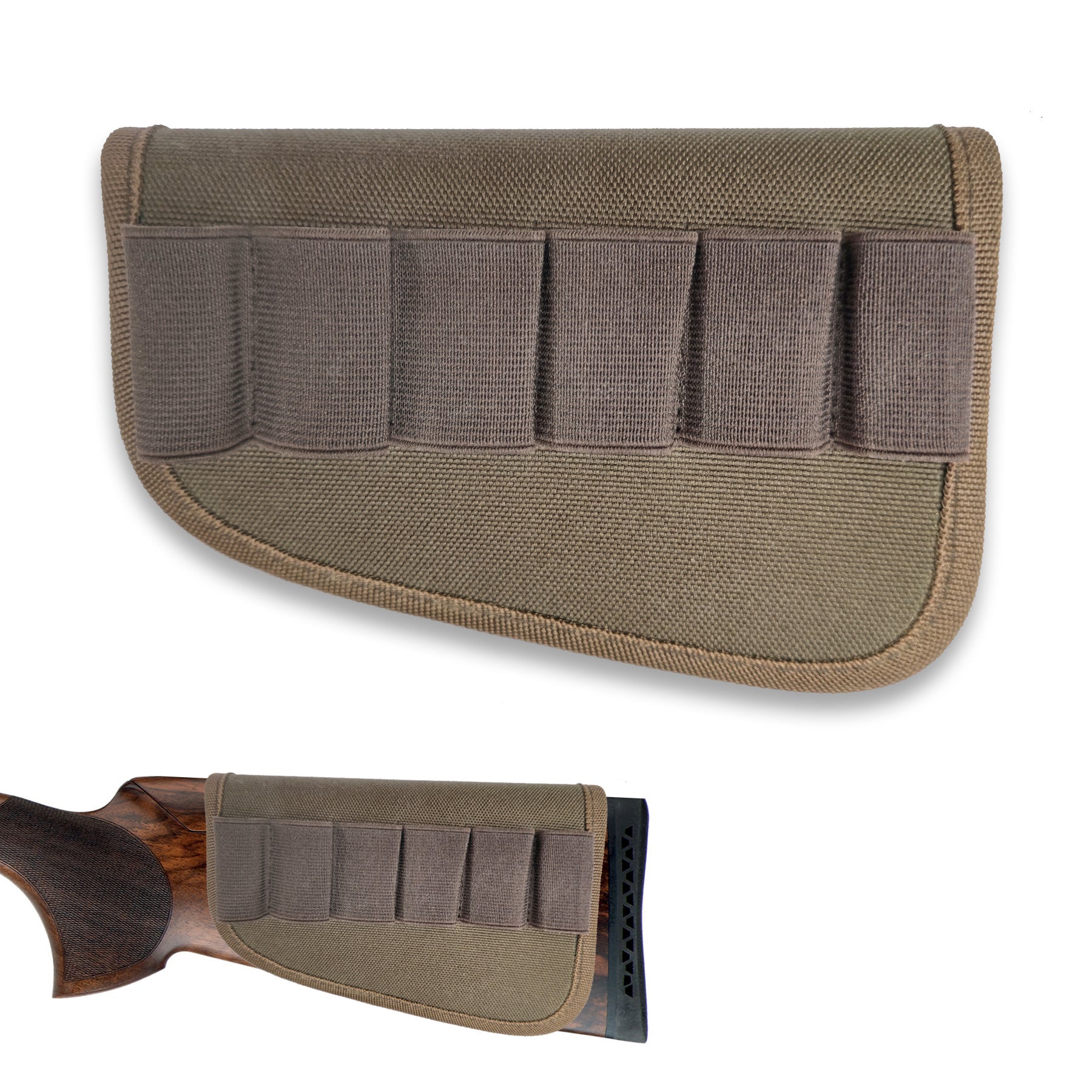 Eine Nahaufnahme eines Hillman® Patronenhalter Schaftschutz 12ga Argo-Schrotflinte Beutels aus braunem Criotex-Material zeigt sechs elastische Schlaufen für Patronen. Er ist an einem hölzernen Gewehrschaft befestigt, der separat vor einem schlichten weißen Hintergrund dargestellt ist.