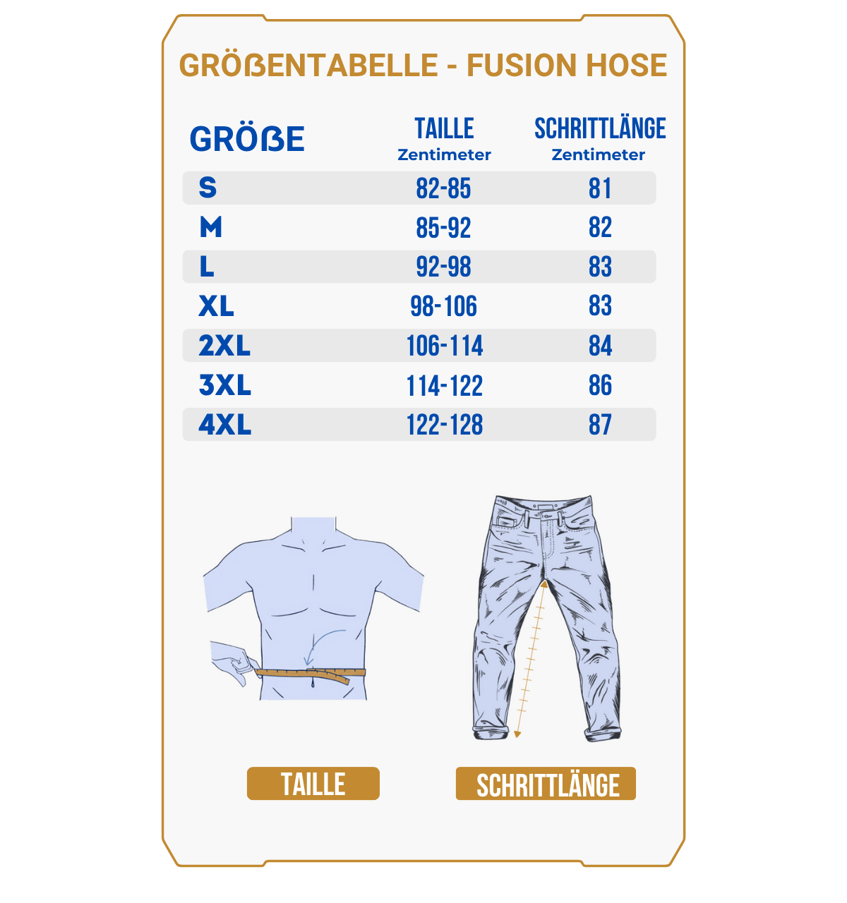 Größentabelle für die Vorbestellung Jagdhose Fusion - Winterhose | OAK auf Deutsch: Maße S-4XL (Taillenumfang, Schrittlänge in cm) plus Messanleitung - perfekt als strapazierfähige Winterhose.