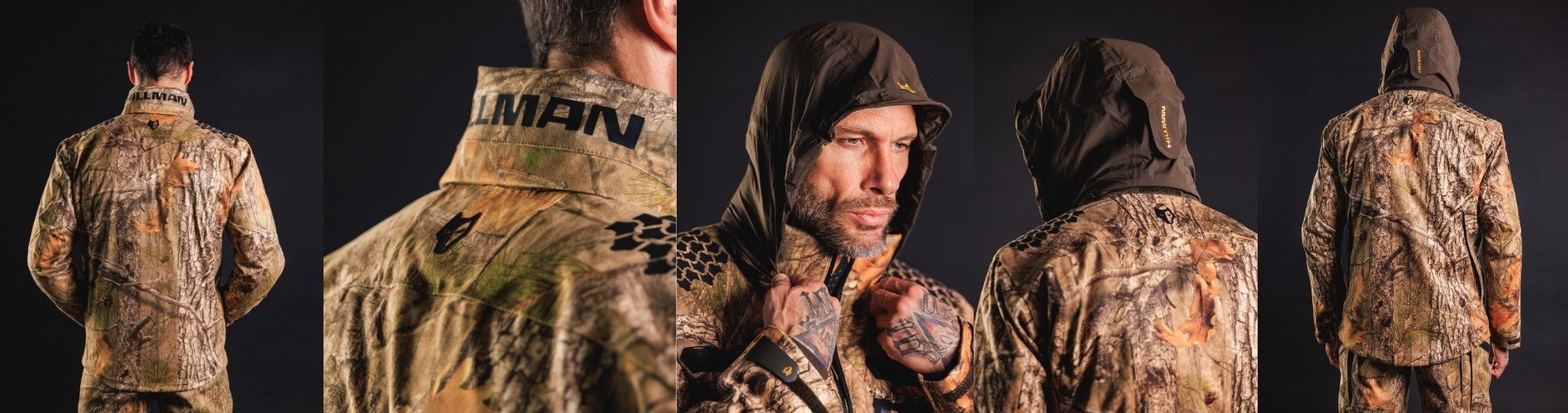 Herren Winter-Jagdjacke 6OL Camouflage Alpha 6 mit Kapuze, Vorder- und Rückansicht, ideal für Pirsch und Ansitz