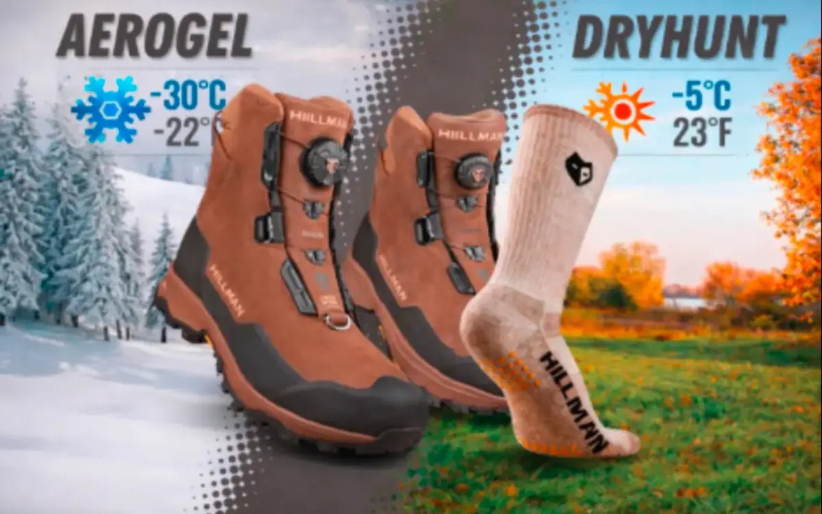 Braune Hillman-Stiefel: Aerogel für -30°C im verschneiten Wald, Dryhunt für -5°C in Herbstlandschaft mit passenden Symbolen