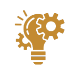 Abbildung einer Glühbirne und zweier ineinander verschlungener Zahnräder. Die Glühbirne symbolisiert Ideen oder Innovation, während die Zahnräder Mechanik oder Prozesse darstellen. Das Design ist in Gold auf transparentem Hintergrund gehalten und suggeriert ein Konzept kreativer Ingenieurskunst.