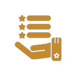 Ein goldenes Symbol, das eine Hand mit einer Manschette zeigt, in der sich ein Stern befindet. Die Handfläche zeigt nach oben. Sie hält drei horizontale Linien, die jeweils in einem Stern enden und ein Rang- oder Bewertungssystem auf schwarzem Hintergrund symbolisieren.