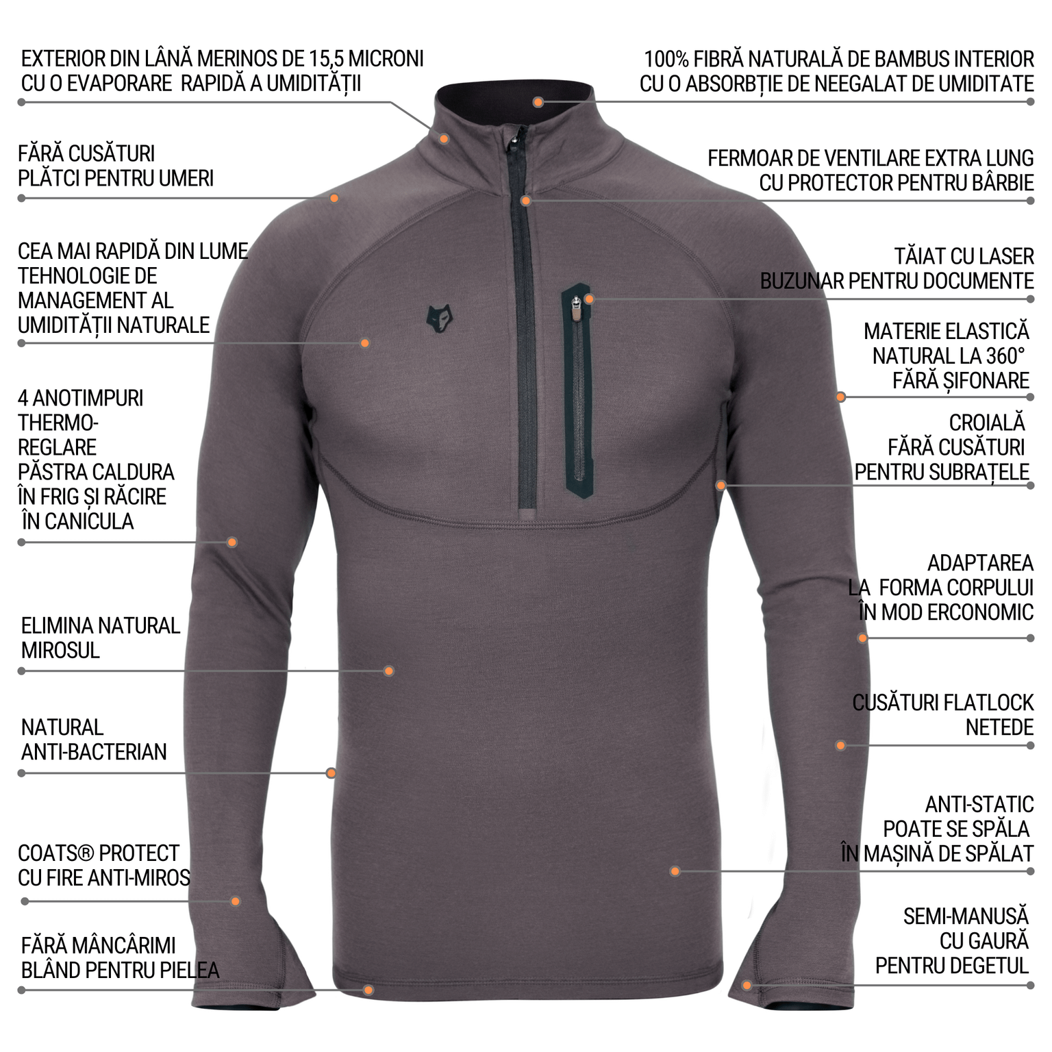 Vorderansicht des grauen Hillman 2BL Merino Langarmshirts mit Etiketten für die Merinowolle-Außenseite, das Bambusfaser-Futter und das Wärmeregulierungssystem. Es verfügt über feuchtigkeitsableitende Technologie, Flatlock-Nähte und Designelemente, die Komfort, Haltbarkeit und Passform verbessern.