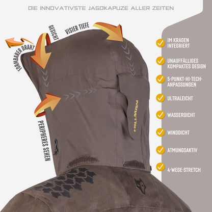 Die Hillman 6OL Winter-Jagdjacke in Camouflage verfügt über ein Diagramm ihrer innovativen Jagdkapuze mit integriertem Draht, Visiertiefe, peripherer Sicht, 5-Punkt-Verstellung und bietet wasserdichtes, winddichtes, atmungsaktives Gewebe mit 4-Wege-Stretch für ein verbessertes Jagderlebnis.