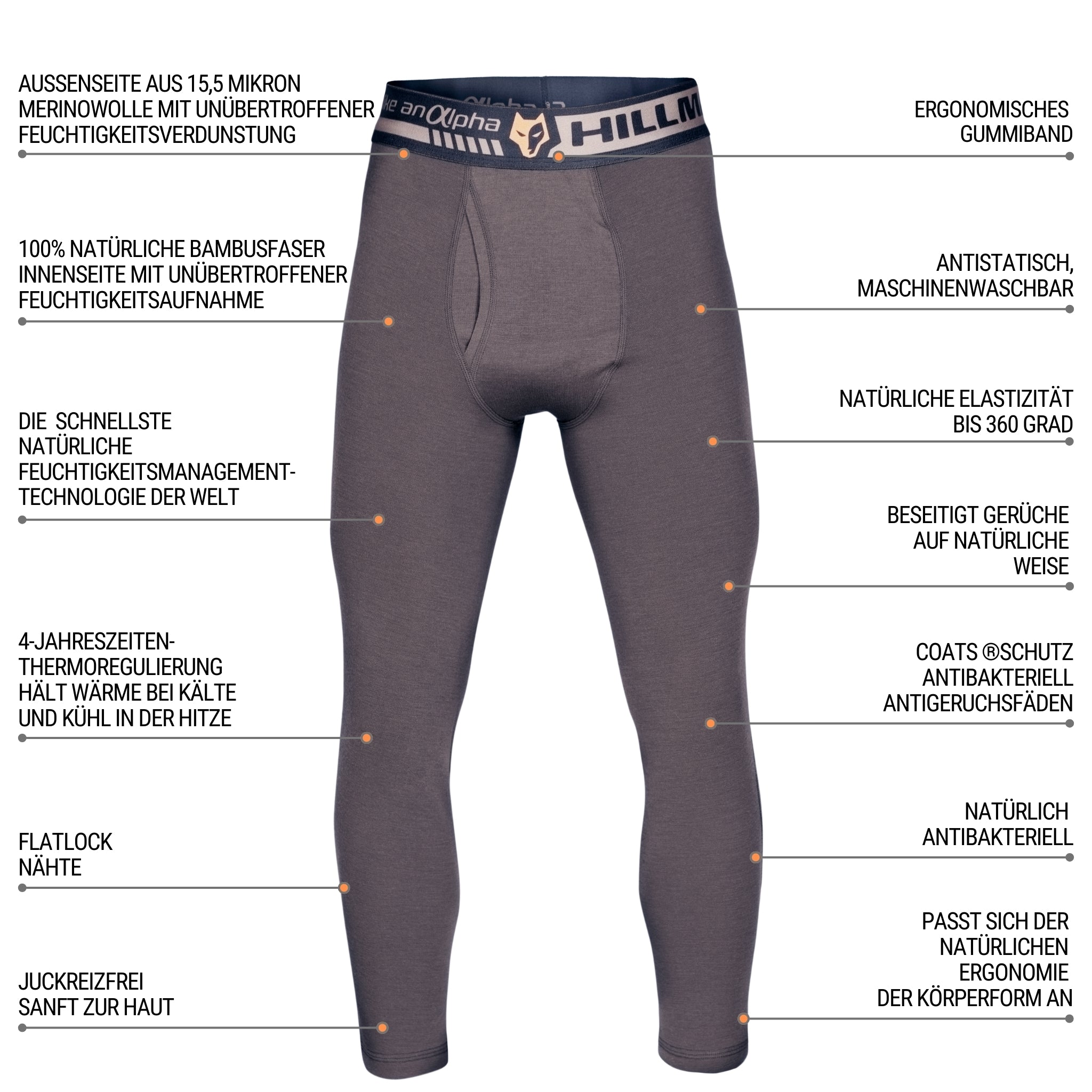 Die 2BL Merino Lange Unterhose von Hillman ist eine dunkelgraue Thermo-Leggings mit ergonomischem Bund, feuchtigkeitsableitenden und antistatischen Eigenschaften. Hergestellt aus Bambusfaser für natürliche Elastizität und Geruchsneutralisierung. Sie trägt das „HILLMAN“-Logo am Bund und deutsche Etiketten.