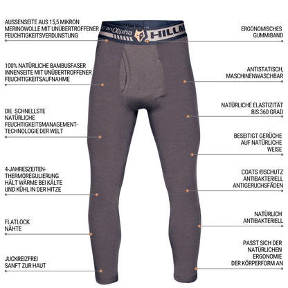 Die 2BL Merino Lange Unterhose von Hillman ist eine dunkelgraue Thermo-Leggings mit ergonomischem Bund, feuchtigkeitsableitenden und antistatischen Eigenschaften. Hergestellt aus Bambusfaser für natürliche Elastizität und Geruchsneutralisierung. Sie trägt das „HILLMAN“-Logo am Bund und deutsche Etiketten.