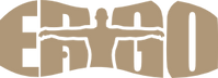 Stilisiertes Logo mit dem Wort „ERGO“ und der in der Mitte integrierten Silhouette einer menschlichen Figur mit ausgestreckten Armen. Das Design ist in hellbrauner Farbe gehalten.