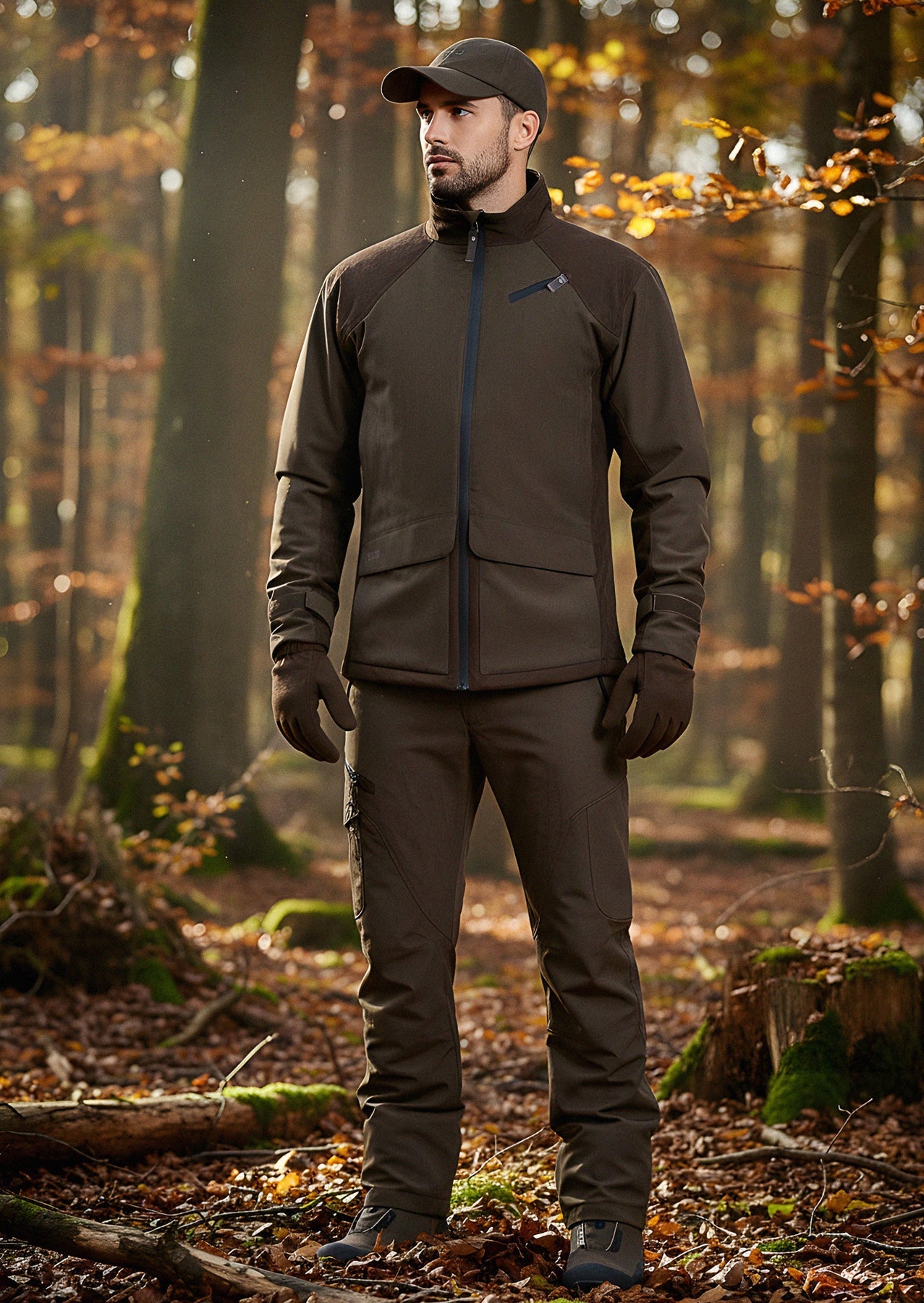 Ein Mann mit einer Hillman Jagdjacke Herren Winter - Wasserdicht & Warm | Fusion™, passender Hose, Handschuhen und Mütze steht in einem sonnenbeschienenen Herbstwald mit gefallenen Blättern und hohen Bäumen um ihn herum.