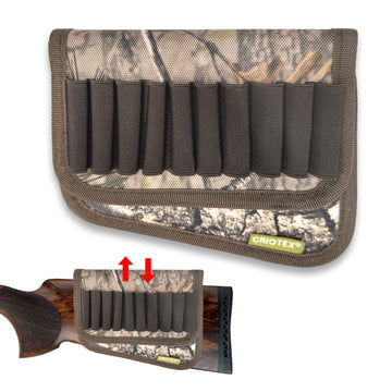Hillman® Schafterhöhung Gewehr Argo - Wangenauflage Gewehr im natürlichen Camouflage-Design mit schwarzem Besatz, gefertigt aus Duratex-Material mit elastischen Schlaufen für den Patronenhalter. Das „CRIOTEX“-Label und die Pfeilabbildung signalisieren die sichere Schaftbefestigung und gewährleisten Kratzschutz.