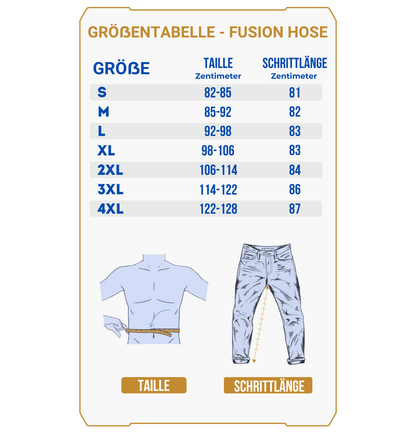 Größentabelle für die Vorbestellung Jagdhose Fusion - Winterhose | OAK auf Deutsch: Maße S-4XL (Taillenumfang, Schrittlänge in cm) plus Messanleitung - perfekt als strapazierfähige Winterhose.
