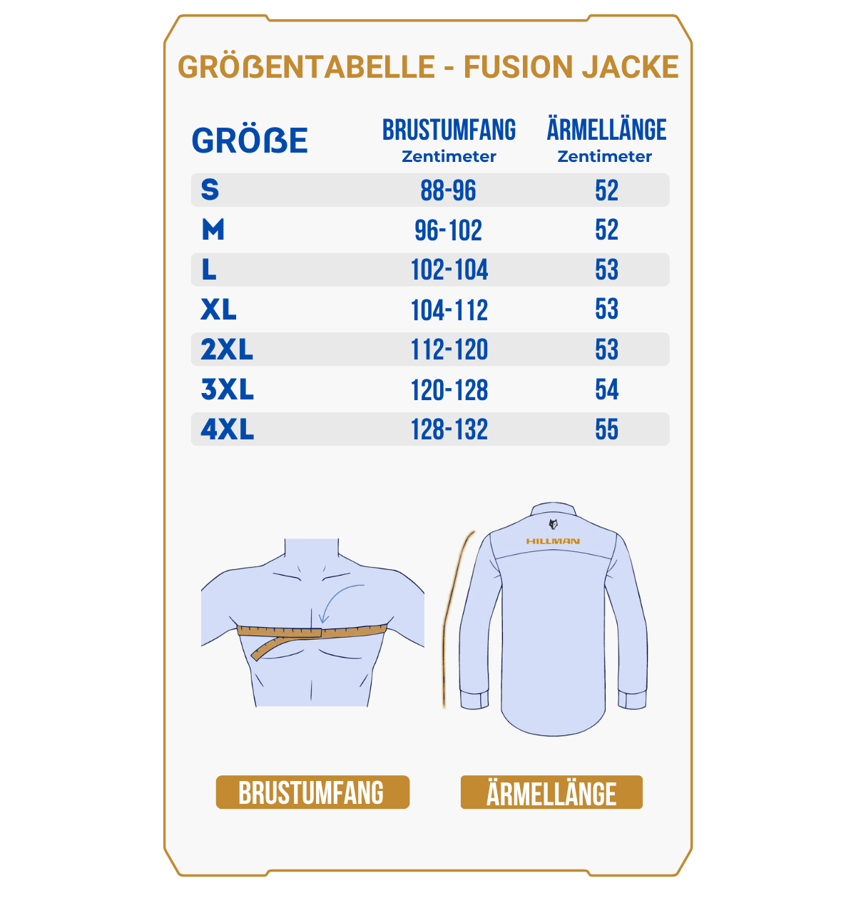 Größentabelle für Vorbestellung Jagdjacke Fusion - Winterjacke Jagd | OAK mit Brustumfang und Ärmellänge in cm für die Größen S-4XL. Inklusive Messdiagrammen-perfekt für die Auswahl Ihrer wasserdichten Winterjacke.