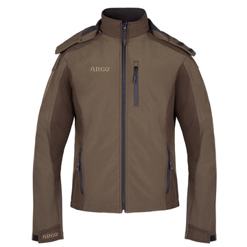 Die Argo® Jagdjacke SOFTSHELL ARGO ist eine braune, winddichte Jacke mit Frontreißverschluss, Brust- und Seitentaschen mit Reißverschluss, Schulterklappen, hohem Kragen und ARGO-Logos auf der linken Brust und am rechten Handgelenk - perfekt für Outdoor-Abenteuer.