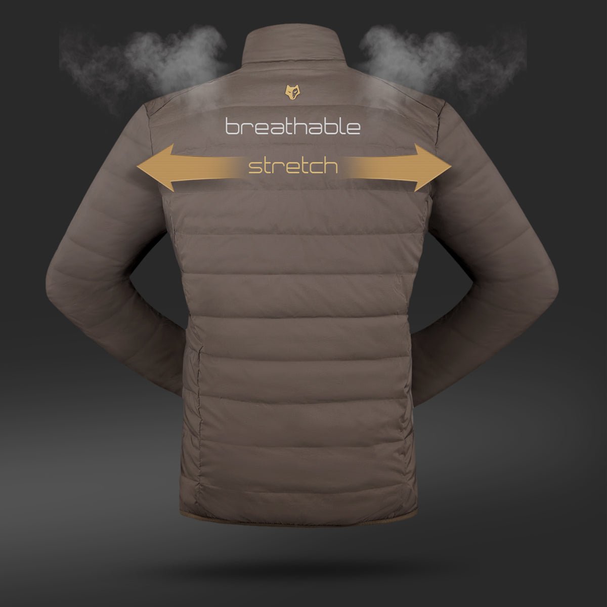Die 4IL Winter Daunenjacke von Hillman ist eine leichte, lange und warme Jagdjacke. Sie zeichnet sich durch Atmungsaktivität mit Dampfdetail und horizontalen Stretchpfeilen auf dem Rücken aus, die sich vor einem dunklen Hintergrund abheben und so ihre hervorragende Kälteisolierung betonen.