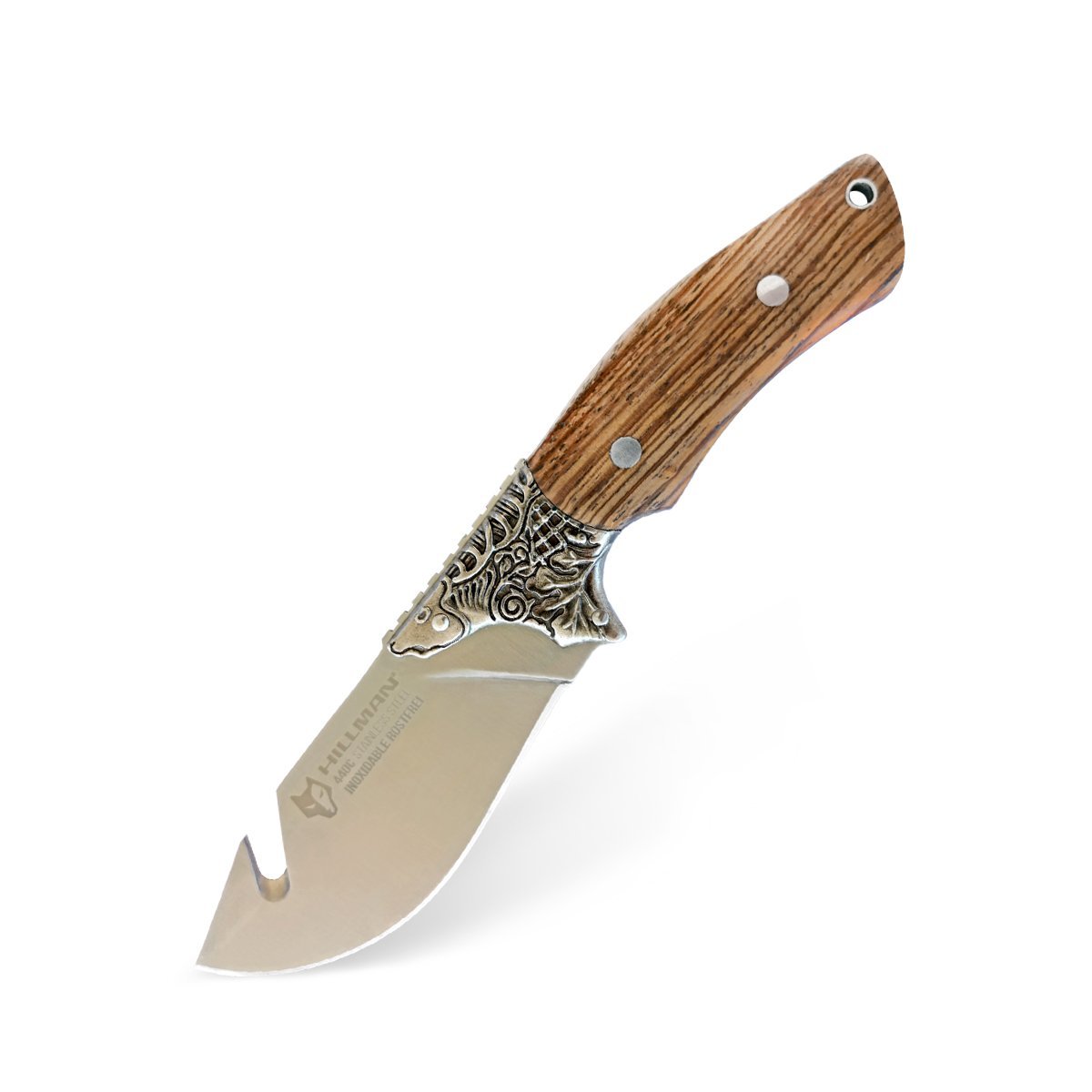 Das Jagdmesser – ARTÉ VON HILLMAN von HILLMAN verfügt über einen Griff aus Zebrano-Holz mit silbernen Akzenten, eine gebogene Klinge aus rostfreiem Stahl mit einem Aufreißhaken, Metallnieten und einer Fangriemenöse.
