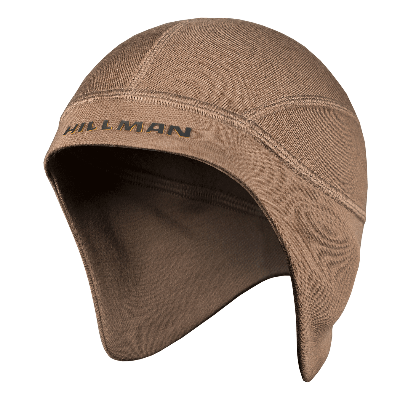 Braune [16μm] Merino-Thermomütze für Jagd mit Ohrenklappen, mit Hillman®GWR-Branding an der Seite. Hergestellt aus Merinowolle für hervorragende Wärmeregulierung, ist sie durch ihr einfaches und funktionales Design perfekt für Outdoor-Aktivitäten bei kaltem Wetter geeignet.