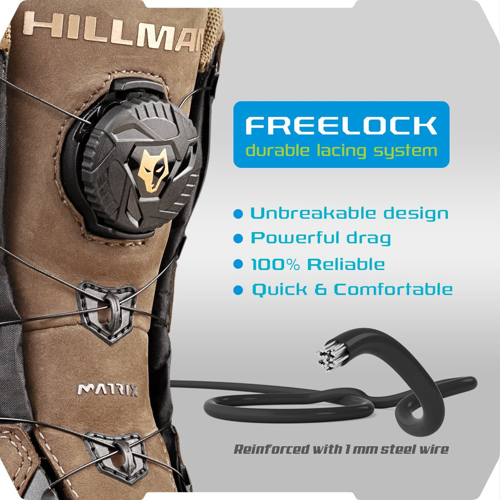Eine Nahaufnahme eines Hillman Vorbestellung 2.0 ALPHA DRYHUNT Jagdstiefels zeigt die Freelock-Schnürung mit einem „HILLMAN“-Schloss. Das starke, zuverlässige System verwendet 1 mm Stahldraht und wasserdichtes Leder und sorgt für schnellen Komfort bei Abenteuern.
