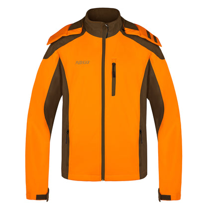 Die Jagdjacke SOFTSHELL ARGO® von Argo® in leuchtendem Orange weist dunkelgraue Akzente an Schultern, Seiten und Armen auf. Sie hat einen durchgehenden Reißverschluss, Seitentaschen mit Reißverschluss, eine Brusttasche mit „ARGO“ darauf und ist zum Schutz mit einer wasserabweisenden DWR-Beschichtung versehen.