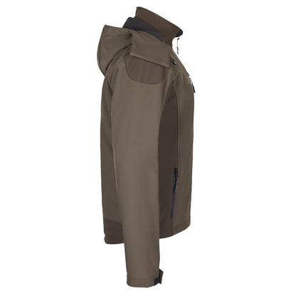 Seitenansicht einer Jagdjacke SOFTSHELL ARGO® von Argo® mit hohem Kragen, verstellbaren Bündchen und Reißverschlusstaschen. Sie ist aus strapazierfähigem Stoff für Outdoor-Aktivitäten gefertigt, hat eine wasserabweisende DWR-Beschichtung, eine umgedrehte Kapuze und ein schlankes, funktionales Design.