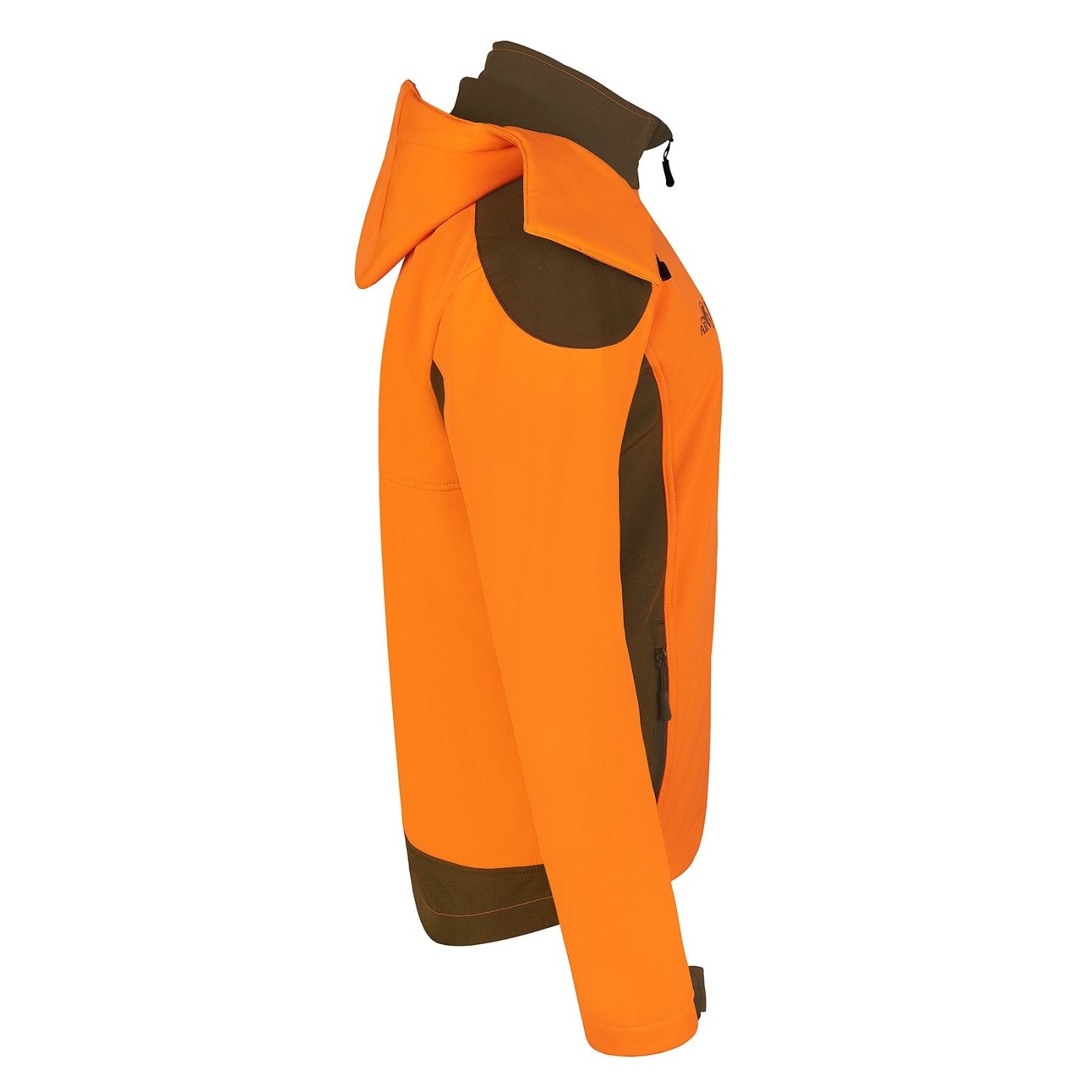 Seitenansicht der orange-dunkelbraunen Jagdjacke SOFTSHELL ARGO® von Argo® mit Kapuze, Frontreißverschluss, verstellbaren Bündchen und atmungsaktiver, winddichter Membran. Die braunen Partien befinden sich an den Schultern, Seiten und am unteren Saum.