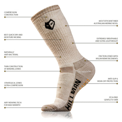 Die JAGDSOCKEN MERINOWOLLE ULTRAWARME [HC] von Hillman®GWR sind beige Socken mit Kompressionsdesign, antibakteriellen und feuchtigkeitsableitenden Eigenschaften, Reibungszonen mit Nylon, einer rutschfesten Sohle und atmungsaktiver Merinowolle. Sie bieten Ultra-Kompression für Wärme und isolierende Naturfasern für Strickkomfort.